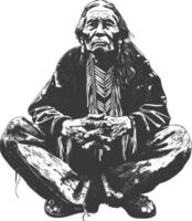 native american elderly man with engraving style black color only vector