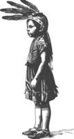 native american little girl with engraving style black color only vector