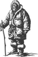 native arctic tribe elderly man with engraving style black color only vector