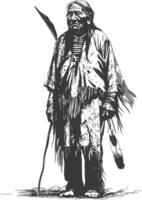 native american elderly man with engraving style black color only vector