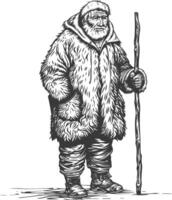 native arctic tribe elderly man with engraving style black color only vector