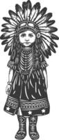 native american little girl with engraving style black color only vector