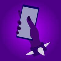A hand-held smartphone with an empty screen in a purple cartoon illustration, suitable for posters, promotions, and advertisements. vector