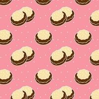 Pattern with chocolate cookies with icing, sprinkled with sesame seeds, on pink background. vector