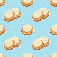 Pattern of cookies with white icing, sprinkled with sesame seeds, on blue background. vector