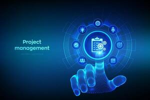 Project management concept on virtual screen. Effective time planning. Project development. Business target. Company strategy. Wireframe hand touching digital interface. illustration. vector