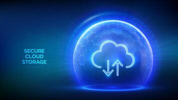 Secure Cloud Storage. Cloud icon inside transparent protection sphere shield with hexagon pattern on blue background. Cloud computing. Database storage, Data center protection. illustration. vector