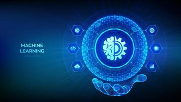 Machine learning. AI Artificial Intelligence. Data mining, Big Data, algorithm, neural network. 3D sphere with surface of hexagons with Machine learning icon in wireframe hand. illustration. vector