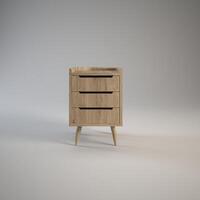 Midcentury modern bedside table furniture design 3d rendering illustration. Mid century modern style wooden end table on gray background. photo