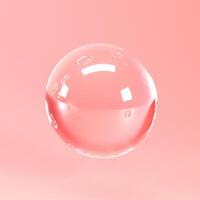 Glass bubble close up on coral background, abstract surreal 3d render. 3d glass bubbles or spheres on light pink backdrop. photo