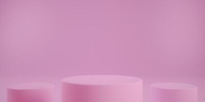 Three pink podium 3d rendering abstract background design to display products. Pink cylinder platforms mockup scene to show cosmetic products. Valentine's day concept pedestal or stand render. photo
