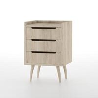 Mid century modern bedside table furniture design isolated on white background, 3d rendering illustration. Mid-century modern style wooden end table on white background. photo