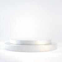Empty close up silver podium or pedestal display on white background with cylinder stand concept. Blank product shelf standing backdrop. 3D rendering. photo