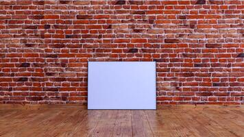 Horizontal frame mockup in front of a red brick wall with wooden floor 3d rendering. photo