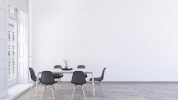 Minimalist elegant dining room. Empty modern white wall mockup in a dining room scene. 3d interior rendering, Scandanivian dining table and chairs with wooden floor. photo