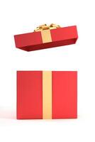 Surprise open red gift box with gold ribbon and bow isolated on white background with copy space, vertical format. Giving present, happy new year, christmas, valentine's day, birthday gift concept. photo