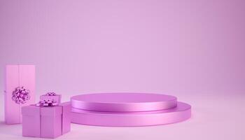 3d pink podium or pedestal with gift boxes on pink background for product display. 3d rendering illustration for Valentines day concept. photo