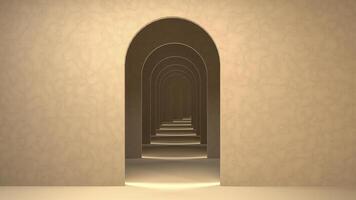 3d Abstract Surreal Render, Arch Tunnel Scene Background, Sand Color Pastel Tones Archs for Product Display. Studio rendering illustration. photo