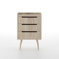 Mid century modern bedside table furniture design isolated on white background, 3d rendering illustration. Mid-century modern style wooden end table on white background. photo