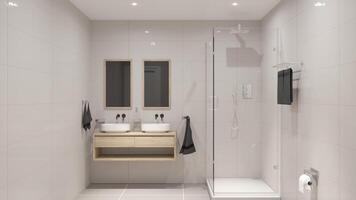 3D render of modern bathroom design with two sinks and white tiles, interior design visualization, elegant bathroom project, 3d rendering. photo