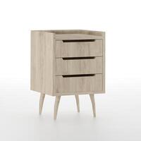 Mid century modern bedside table furniture design isolated on white background, 3d rendering illustration. Mid-century modern style wooden end table on white background. photo