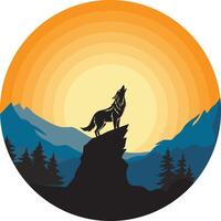 Wolf Screaming in Dark Night at Top of the Mountain and Moon. vector