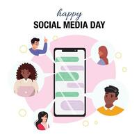 Large smartphone displaying a conversation with diverse people around it, celebrating Happy Social Media Day vector