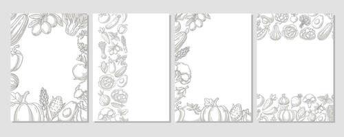 Set of minimal vertical posters a4, various border frame, veggies icons. Fresh, healthy farm vegetables. Space for text, isolated background. For banner, menu, flyer, cover, farmers market vector