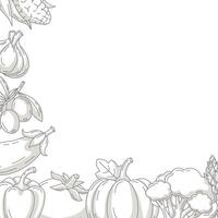 Fresh and healthy farm vegetables, minimalist square poster, veggies monochrome icons corner frame. Space for text, isolated background. For card, poster, menu, cover, social media vector