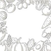 Fresh and healthy farm vegetables, monochrome square poster, veggies icons border frame. Space for text, isolated background. For card, poster, menu, cover, social media. Organic vegan food vector