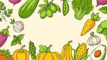 Fresh and healthy farm vegetables, horizontal banner, colorful veggies icons frame. Space for text, isolated background. Organic product. For poster, menu, flyer, cover, invitation, store vector