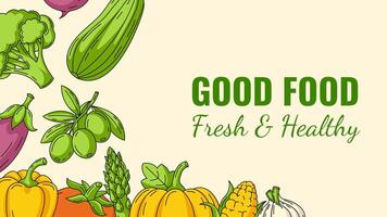 Good food, fresh and healthy farm products, horizontal banner with corner frame of vegetables icons. Space for text, isolated background. Organic, natural veggies. For poster, menu, flyer vector