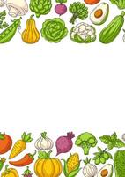 Fresh and healthy farm vegetables, minimalist vertical poster a4, veggies colorful icons border frame. Space for text, isolated background. For card, banner, menu, cover, social media vector