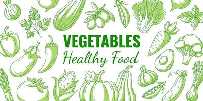 Vegetables background, green line veggies icons frame. Fresh and healthy farm products, organic, natural food. Horizontal banner, isolated background, space for text. For poster, menu, flyer vector