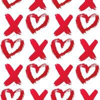 XO with heart drawn with red lipstick. Seamless pattern XOXO on white background. Hugs and kisses abbreviation symbol. Easy to edit template for Valentines day. vector