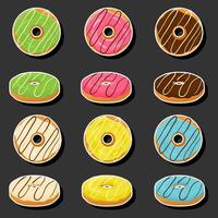 Illustration on theme big set different types sticky donuts, sweet doughnuts various size vector