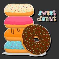 Illustration on theme big set different types sticky donuts, sweet doughnuts various size vector