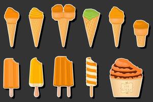 Illustration on theme big kit ice cream popsicle different types in cone waffle cup vector