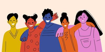 Diverse interracial group. Smiling happy people hugging each other. Colorful cartoon characters. Simple style . Togetherness concept. Friends standing together. Family unity. Successful teamwork vector