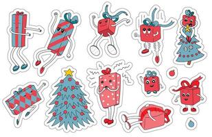 90s style stickers with gift boxes characters. Groovy Merry Christmas collection. Cartoon style Xmas presents. Happy christmas boxes with faces, arms and legs. Anthropomorphic characters. New year box vector