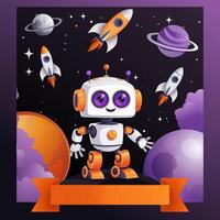 Robot in space, around the planet, rockets, stars. Background, banner vector