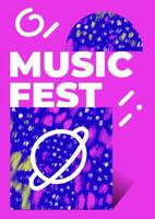 Modern music fest poster template with brush strokes, paint stains, geometric shapes. Hand drawn abstract pattern. Placard with space design elements. Minimalist style banner, blank, flyer vector