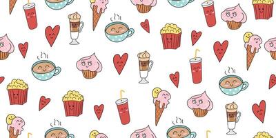Seamless pattern with cappuccino, hearts, ice cream cone, muffin, latte, popcorn. Groovy sweets and breakfast food on white background. Cute food with anthropomorphic faces vector