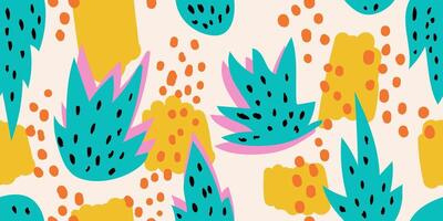 Seamless modern pattern with tropical plants. Hand drawn collage with palm leaf, fern branches, animal stains. Exotic colorful floral pattern with abstract elements on beige background. Freehand vector