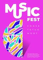Modern music fest poster template with brush strokes, paint stains, geometric shapes, typography. Hand drawn abstract pattern. Freehand design elements. Minimalist style placard, banner, blank, flyer vector