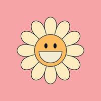 Smiling groovy daisy flower character on pink background. Hippie retro style. Flower icons. illustration vector