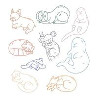Set of cute hand drawn different sleeping animals outlines. Doodle sleepy cat, otter, seal, koala, French bulldog, rabbit, fox, red panda and sloth animal. illustration vector