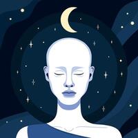 Beautiful bald woman with closed eyes on night sky background with stars and crescent. illustration vector
