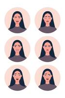Female with different facial expressions. Young woman is confusing, crying, smiling, scared, angry and laughing. illustration vector