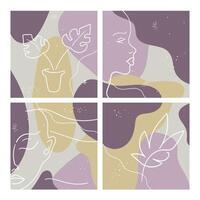 Set of abstract minimalistic templates with woman face outline and plants. illustration vector
